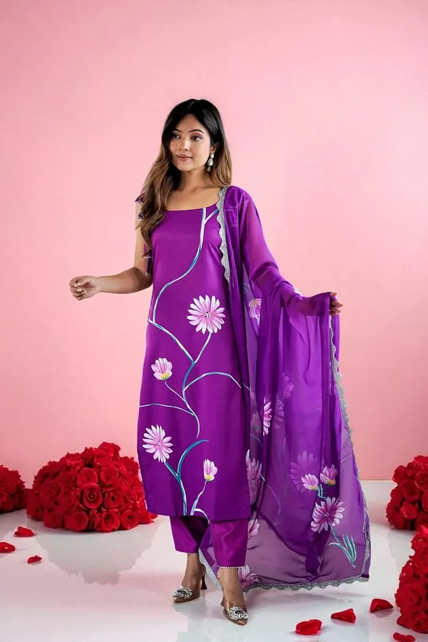 Purple_Viscose_French_Crepe_Premium_&_Elegant_Round_Neck_A-Line_Knee_Length_Kurta_Set_With_Dupatta_For_Women