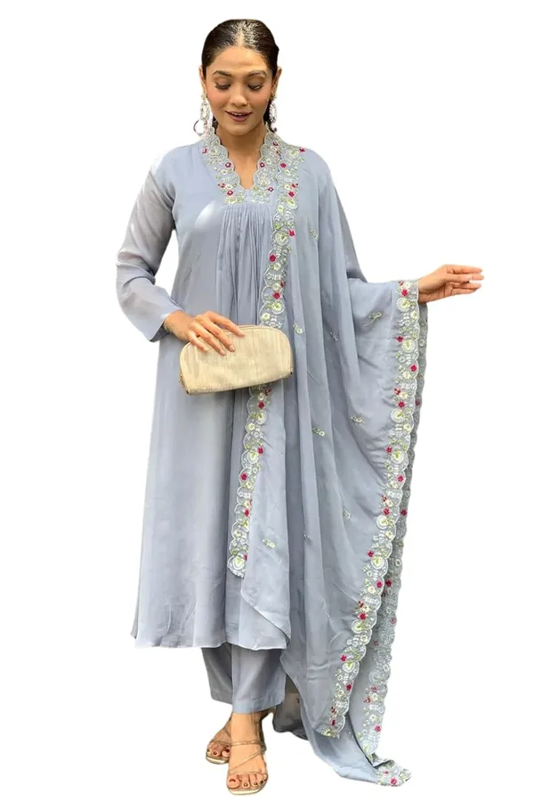 Grey_Viscose_Chanderi_Premium_&_Elegant_V_Neck_A-Line_Knee_Length_Kurta_Set_With_Dupatta_For_Women