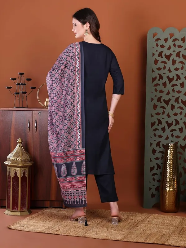 Navyblue_Rayon_Premium_&_Elegant_Round_Neck_A-Line_Knee_Length_Kurta_Set_With_Dupatta_For_Women