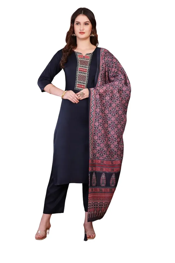 Navyblue_Rayon_Premium_&_Elegant_Round_Neck_A-Line_Knee_Length_Kurta_Set_With_Dupatta_For_Women