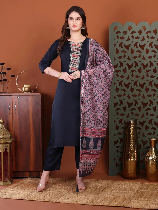 Navyblue_Rayon_Premium_&_Elegant_Round_Neck_A-Line_Knee_Length_Kurta_Set_With_Dupatta_For_Women