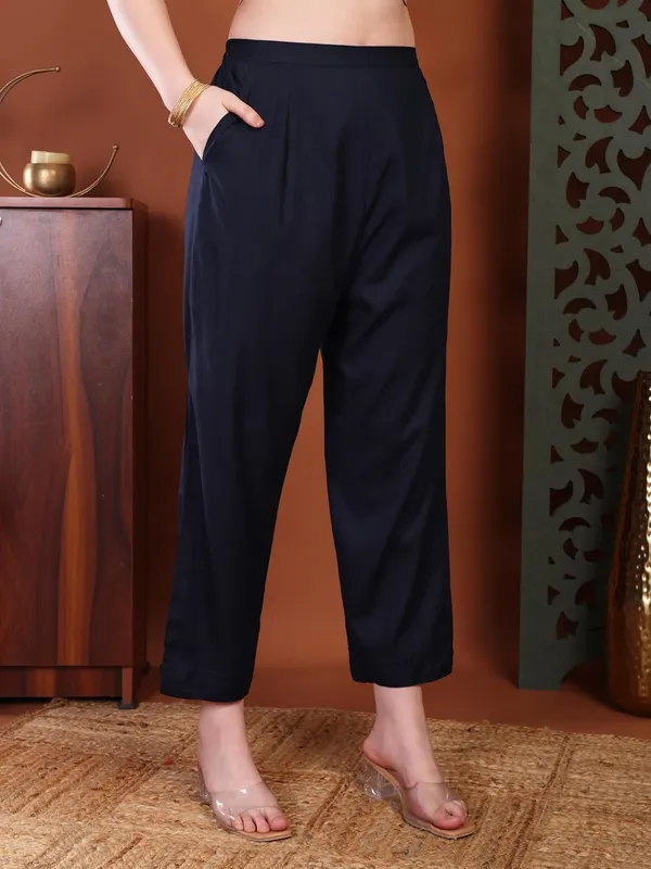 Navyblue_Rayon_Premium_&_Elegant_Round_Neck_A-Line_Knee_Length_Kurta_Set_With_Dupatta_For_Women