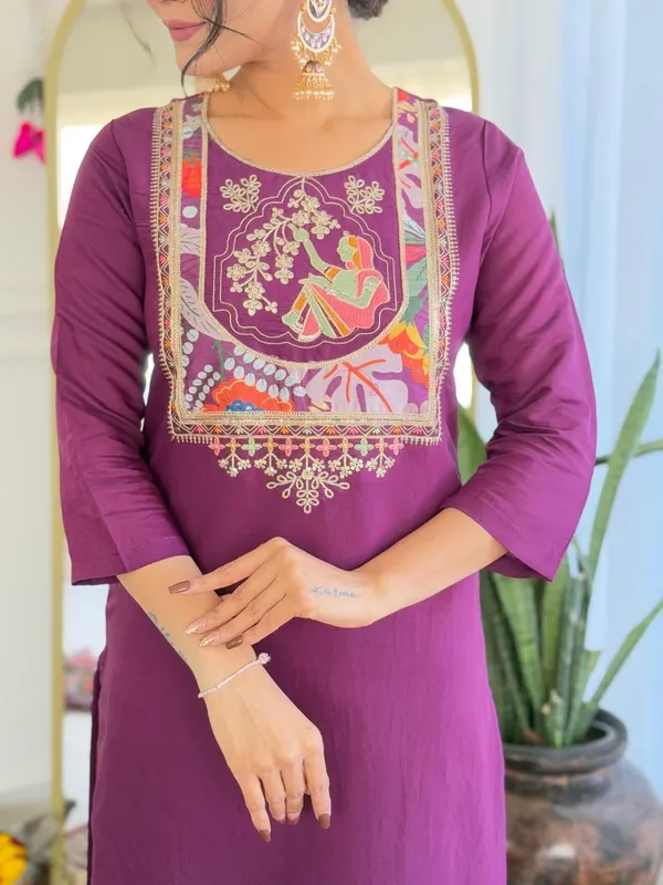 Wine_Chanderi_Viscose_Premium_&_Elegant_Round_Neck_A-Line_Ankle_Length_Kurta_Set_With_Dupatta_For_Women