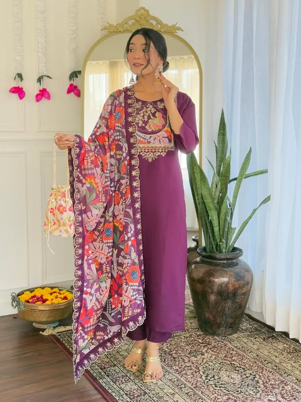 Wine_Chanderi_Viscose_Premium_&_Elegant_Round_Neck_A-Line_Ankle_Length_Kurta_Set_With_Dupatta_For_Women