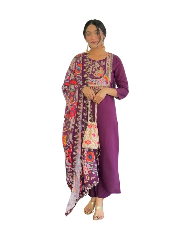 Wine_Chanderi_Viscose_Premium_&_Elegant_Round_Neck_A-Line_Ankle_Length_Kurta_Set_With_Dupatta_For_Women
