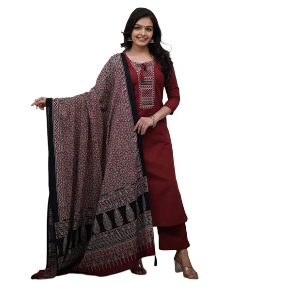 Maroon_Rayon_Premium_&_Elegant_Round_Neck_A-Line_Knee_Length_Kurta_Set_With_Dupatta_For_Women