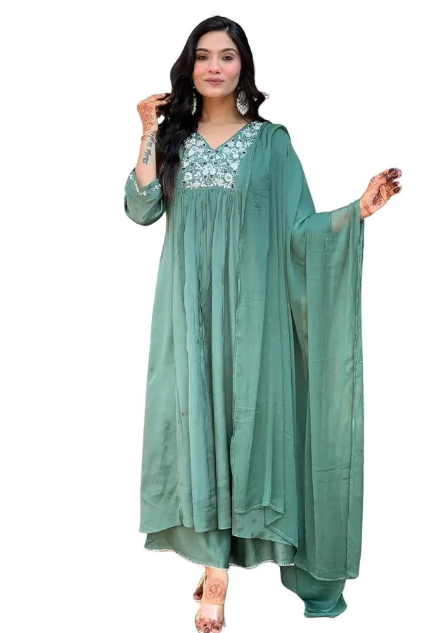 Rama_Viscose_Chinnon_Premium_&_Elegant_V_Neck_A-Line_Knee_Length_Kurta_Set_With_Dupatta_For_Women