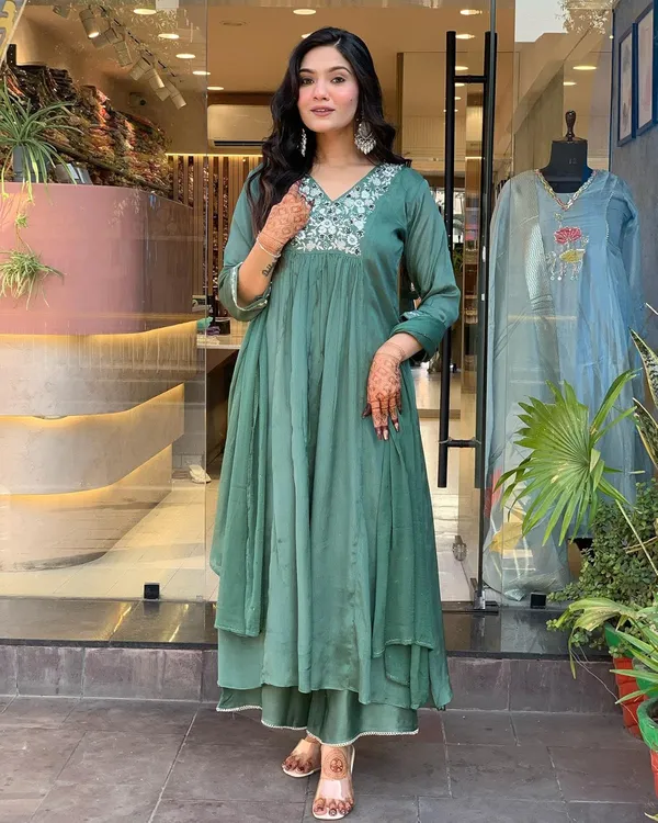 Rama_Viscose_Chinnon_Premium_&_Elegant_V_Neck_A-Line_Knee_Length_Kurta_Set_With_Dupatta_For_Women