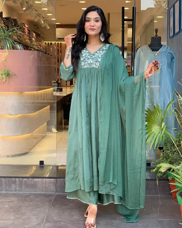 Rama_Viscose_Chinnon_Premium_&_Elegant_V_Neck_A-Line_Knee_Length_Kurta_Set_With_Dupatta_For_Women