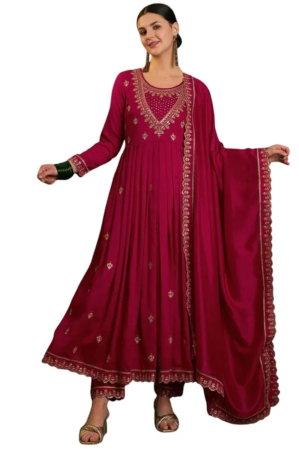 Maroon_Cp_Vichitra_Premium_&_Elegant_Round_Neck_A-Line_Knee_Length_Kurta_Set_With_Dupatta_For_Women