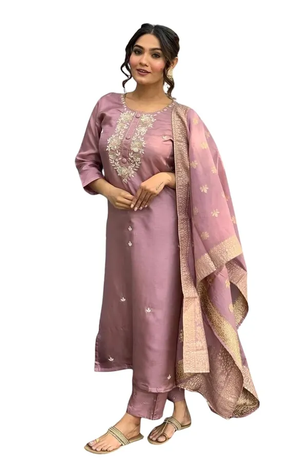 Pink_Viscose_Chanderi_Premium_&_Elegant_Round_Neck_A-Line_Knee_Length_Kurta_Set_With_Dupatta_For_Women
