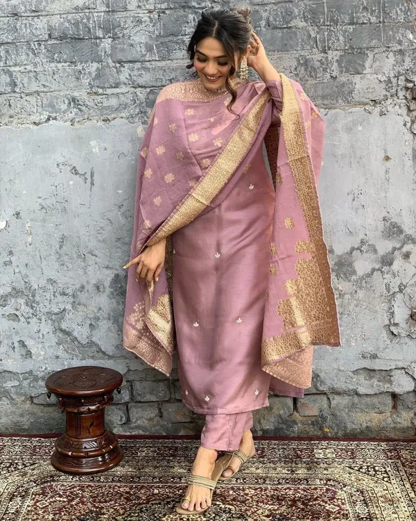 Pink_Viscose_Chanderi_Premium_&_Elegant_Round_Neck_A-Line_Knee_Length_Kurta_Set_With_Dupatta_For_Women