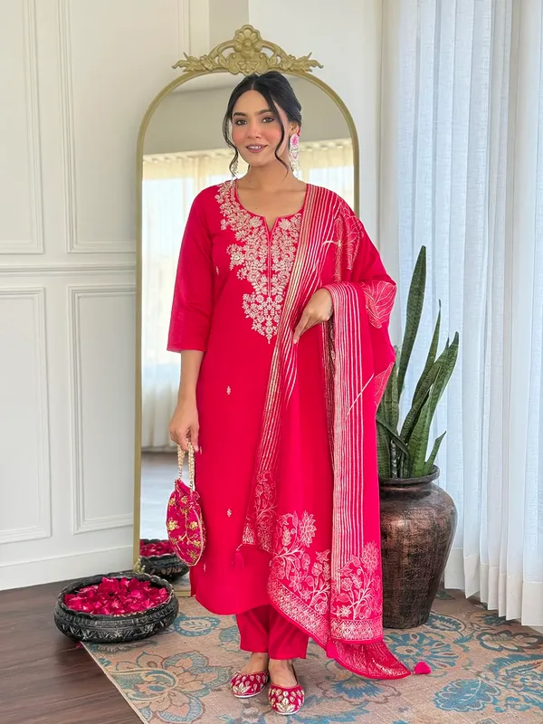 Red_Roman_Silk_Premium_&_Elegant_A-Line_Knee_Length_Kurta_Set_With_Dupatta_For_Women