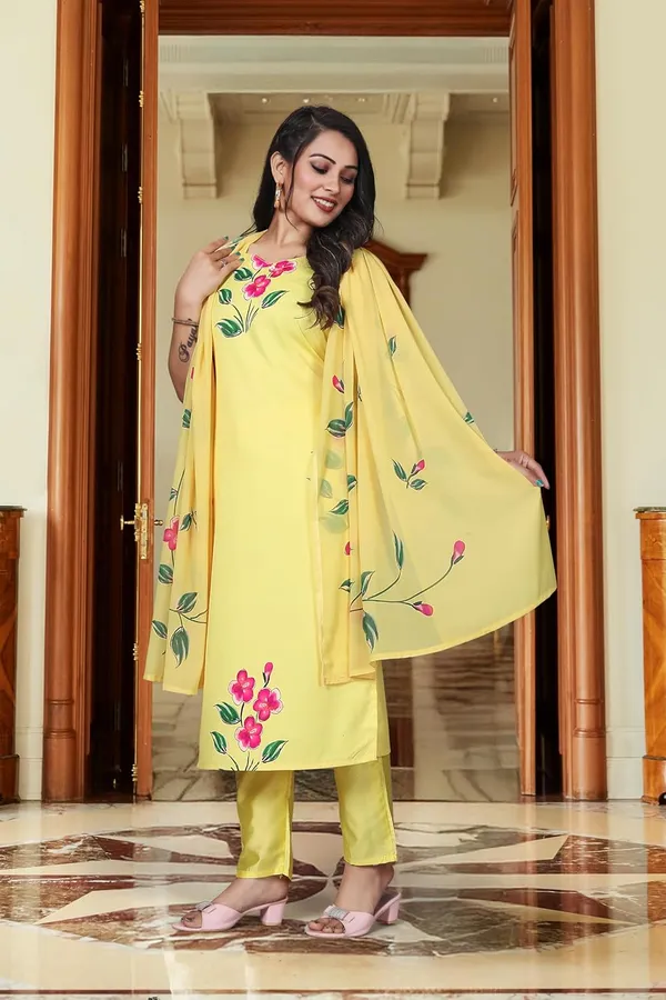 Yellow_Viscose_French_Crepe_Premium_&_Elegant_Round_Neck_A-Line_Knee_Length_Kurta_Set_With_Dupatta_For_Women