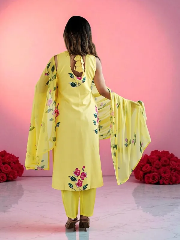 Yellow_Viscose_French_Crepe_Premium_&_Elegant_Round_Neck_A-Line_Knee_Length_Kurta_Set_With_Dupatta_For_Women