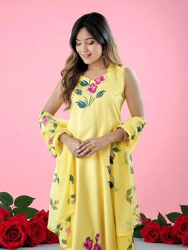 Yellow_Viscose_French_Crepe_Premium_&_Elegant_Round_Neck_A-Line_Knee_Length_Kurta_Set_With_Dupatta_For_Women