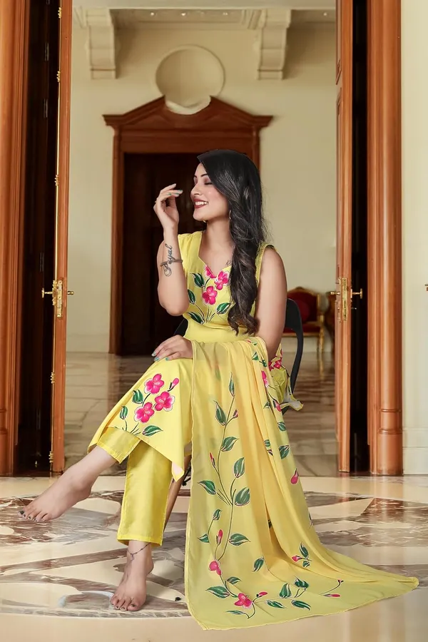 Yellow_Viscose_French_Crepe_Premium_&_Elegant_Round_Neck_A-Line_Knee_Length_Kurta_Set_With_Dupatta_For_Women