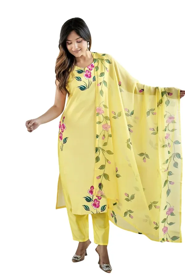 Yellow_Viscose_French_Crepe_Premium_&_Elegant_Round_Neck_A-Line_Knee_Length_Kurta_Set_With_Dupatta_For_Women