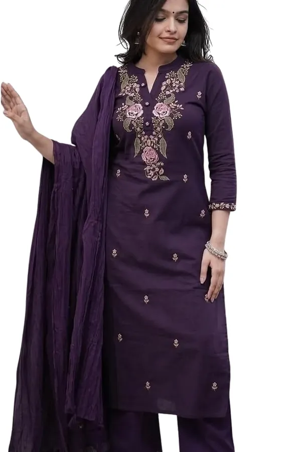 Burgundy_Rayon_Premium_&_Elegant_Collar_Neck_A-Line_Knee_Length_Kurta_Set_With_Dupatta_For_Women