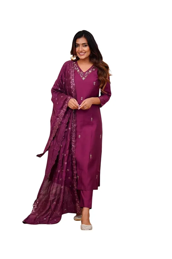 Purple_Viscose_Chanderi_Premium_&_Elegant_V_Neck_A-Line_Knee_Length_Kurta_Set_With_Dupatta_For_Women