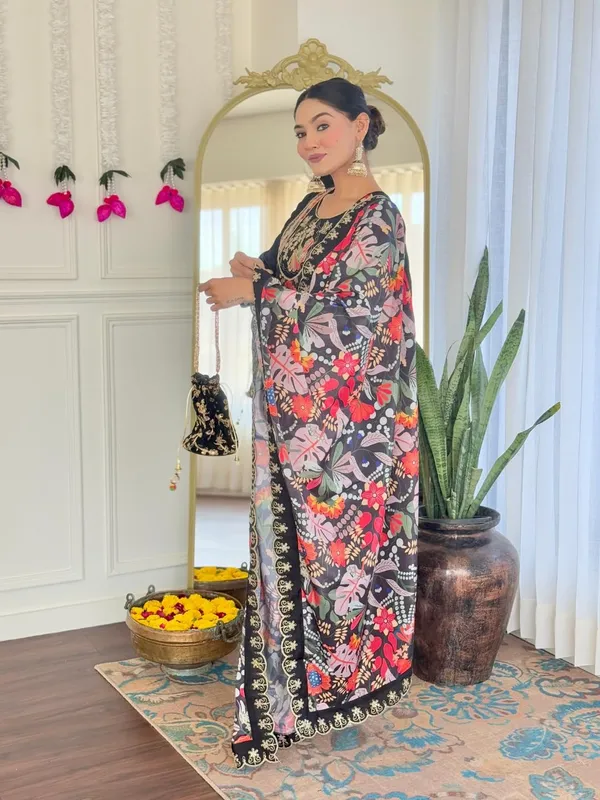 Black_Chanderi_Viscose_Premium_&_Elegant_Round_Neck_A-Line_Knee_Length_Kurta_Set_With_Dupatta_For_Women