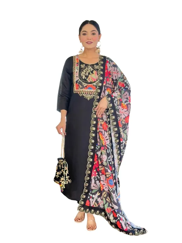Black_Chanderi_Viscose_Premium_&_Elegant_Round_Neck_A-Line_Knee_Length_Kurta_Set_With_Dupatta_For_Women
