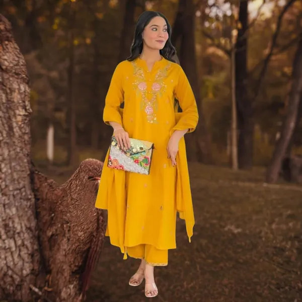 Yellow_Rayon_Premium_&_Elegant_Collar_Neck_A-Line_Knee_Length_Kurta_Set_With_Dupatta_For_Women
