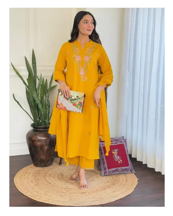 Yellow_Rayon_Premium_&_Elegant_Collar_Neck_A-Line_Knee_Length_Kurta_Set_With_Dupatta_For_Women