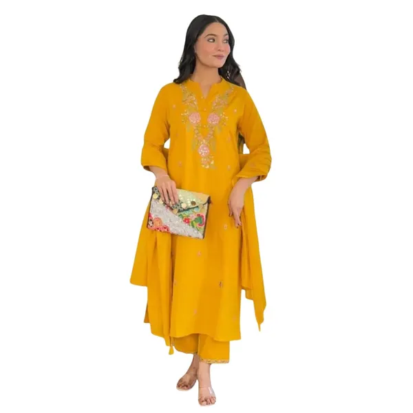 Yellow_Rayon_Premium_&_Elegant_Collar_Neck_A-Line_Knee_Length_Kurta_Set_With_Dupatta_For_Women