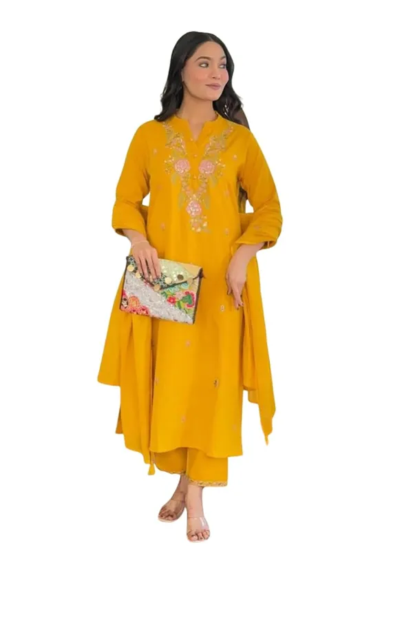 Yellow_Rayon_Premium_&_Elegant_Collar_Neck_A-Line_Knee_Length_Kurta_Set_With_Dupatta_For_Women