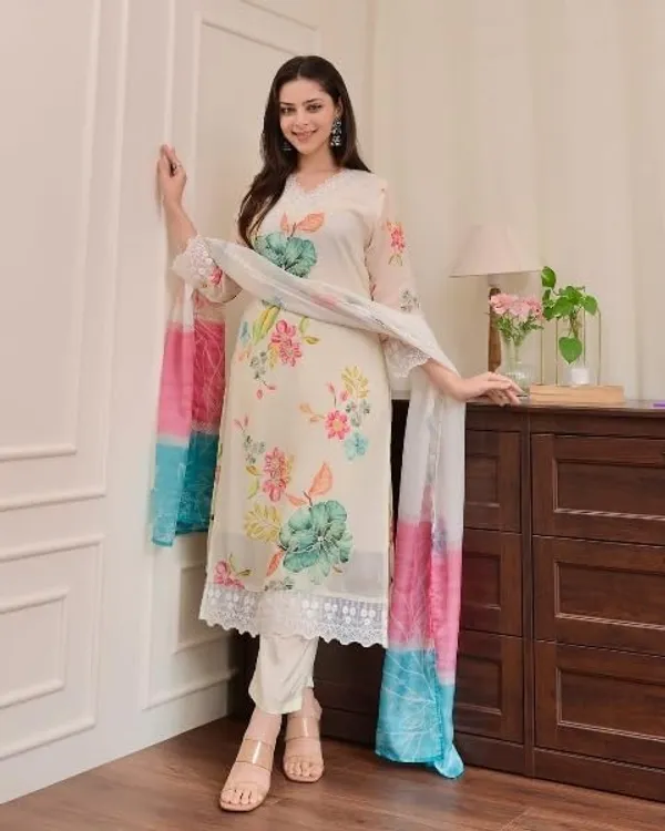 White_Nylon_Taby_Premium_&_Elegant_V_Neck_A-Line_Knee_Length_Kurta_Set_With_Dupatta_For_Women