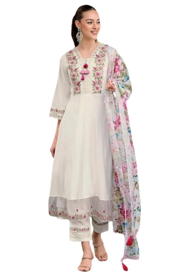 White_Chanderi_Premium_&_Elegant_A-Line_Knee_Length_Kurta_Set_With_Dupatta_For_Women