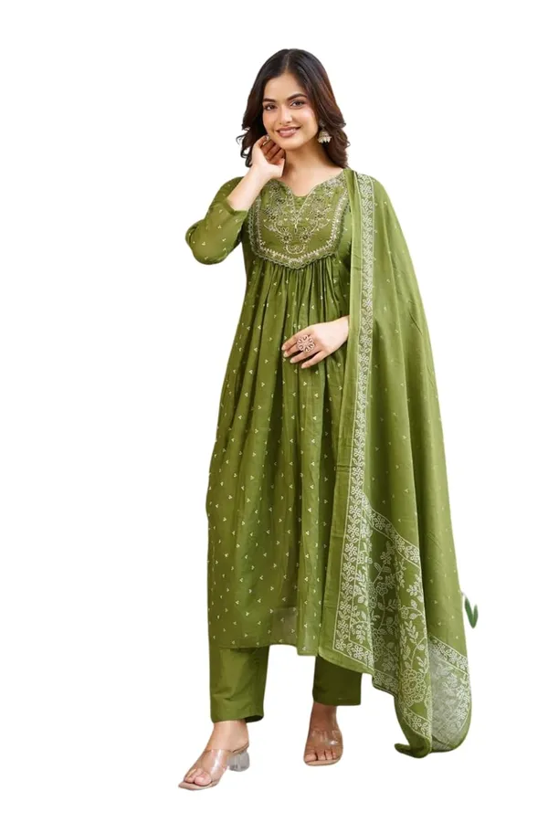 Green_Cotton_Premium_&_Elegant_Split_Neck_A-Line_Knee_Length_Kurta_Set_With_Dupatta_For_Women
