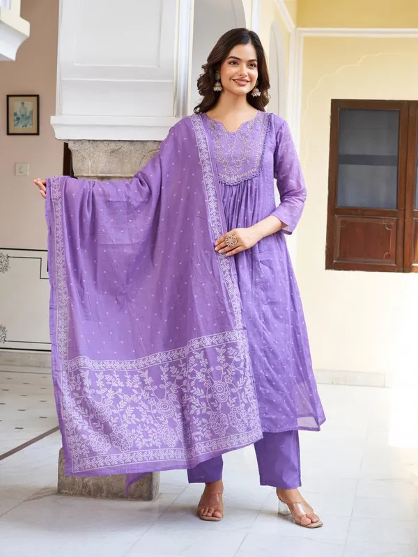 Purple_Cotton_Premium_&_Elegant_Split_Neck_A-Line_Knee_Length_Kurta_Set_With_Dupatta_For_Women