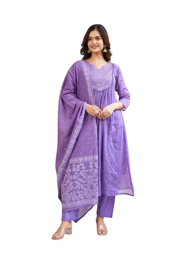 Purple_Cotton_Premium_&_Elegant_Split_Neck_A-Line_Knee_Length_Kurta_Set_With_Dupatta_For_Women