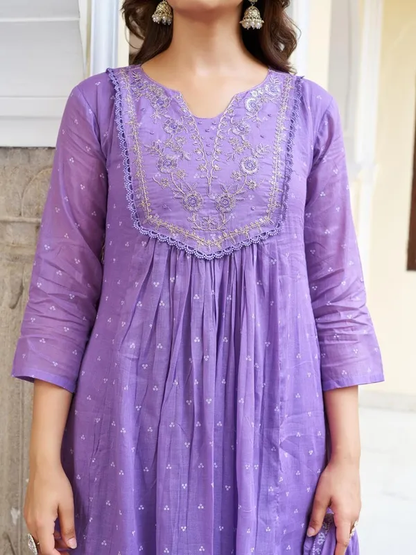 Purple_Cotton_Premium_&_Elegant_Split_Neck_A-Line_Knee_Length_Kurta_Set_With_Dupatta_For_Women