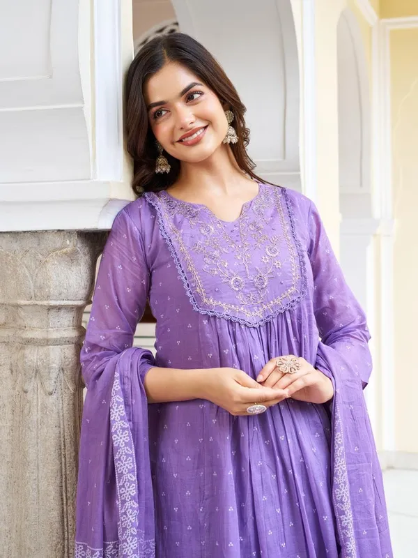 Purple_Cotton_Premium_&_Elegant_Split_Neck_A-Line_Knee_Length_Kurta_Set_With_Dupatta_For_Women