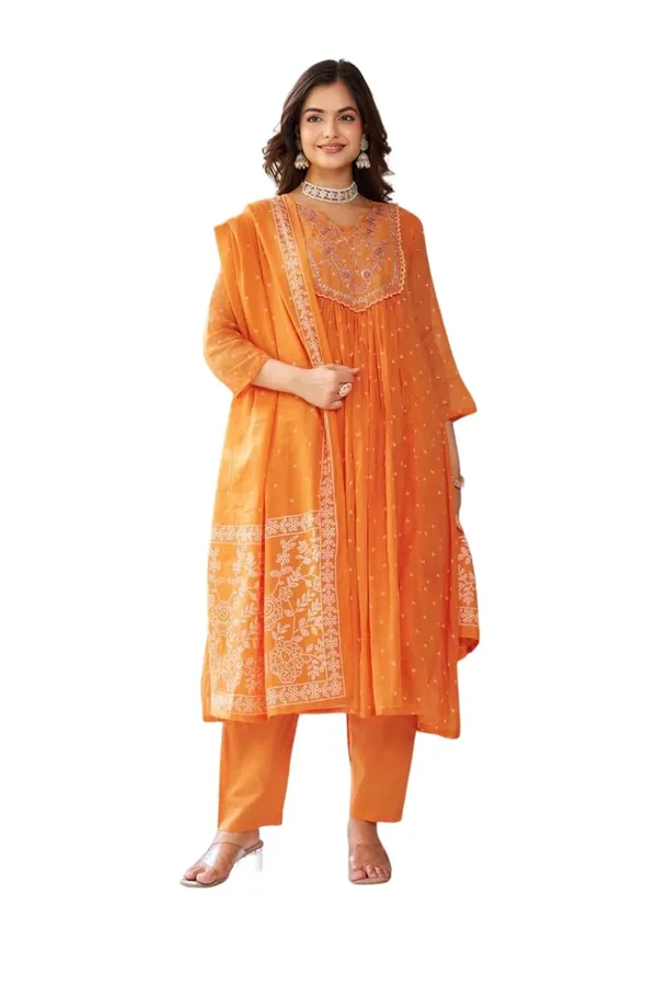 Orange_Cotton_Premium_&_Elegant_Split_Neck_A-Line_Knee_Length_Kurta_Set_With_Dupatta_For_Women