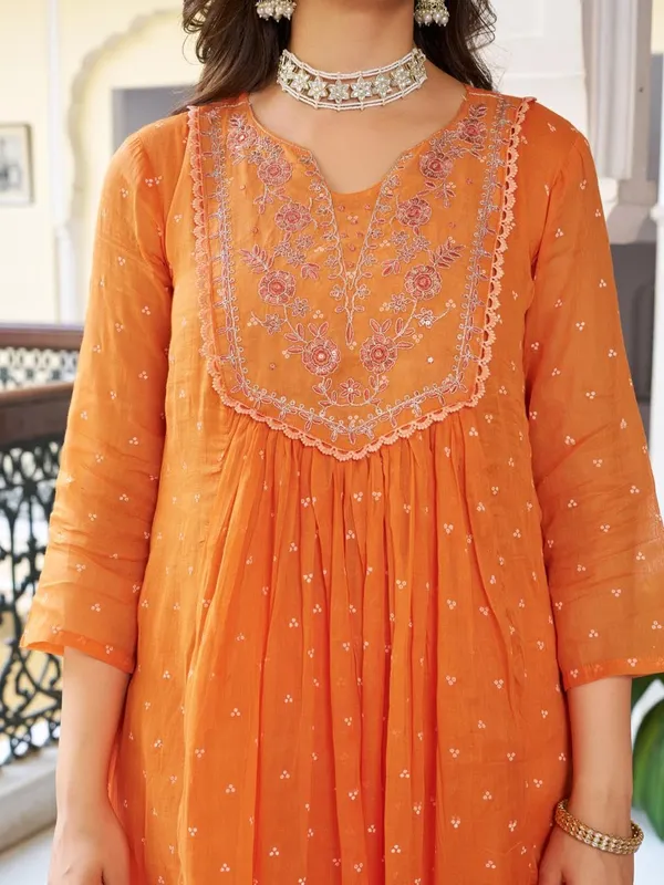 Orange_Cotton_Premium_&_Elegant_Split_Neck_A-Line_Knee_Length_Kurta_Set_With_Dupatta_For_Women
