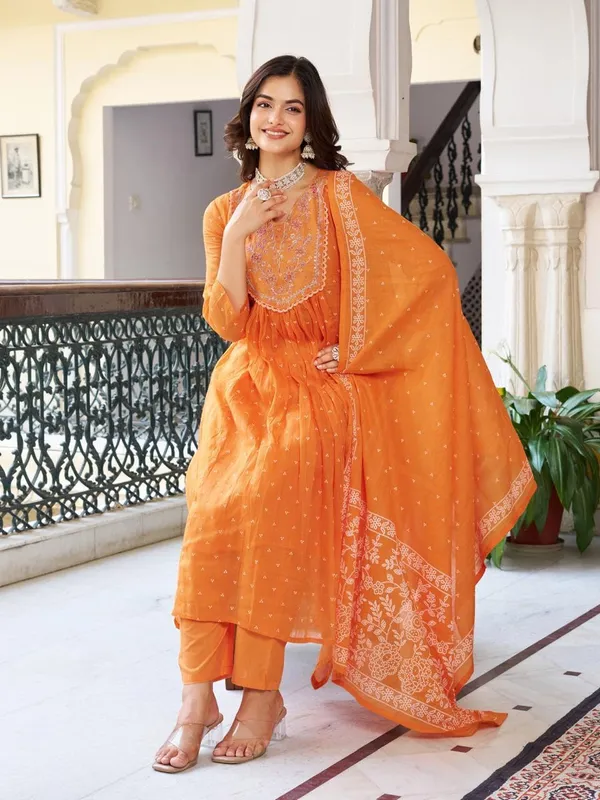 Orange_Cotton_Premium_&_Elegant_Split_Neck_A-Line_Knee_Length_Kurta_Set_With_Dupatta_For_Women