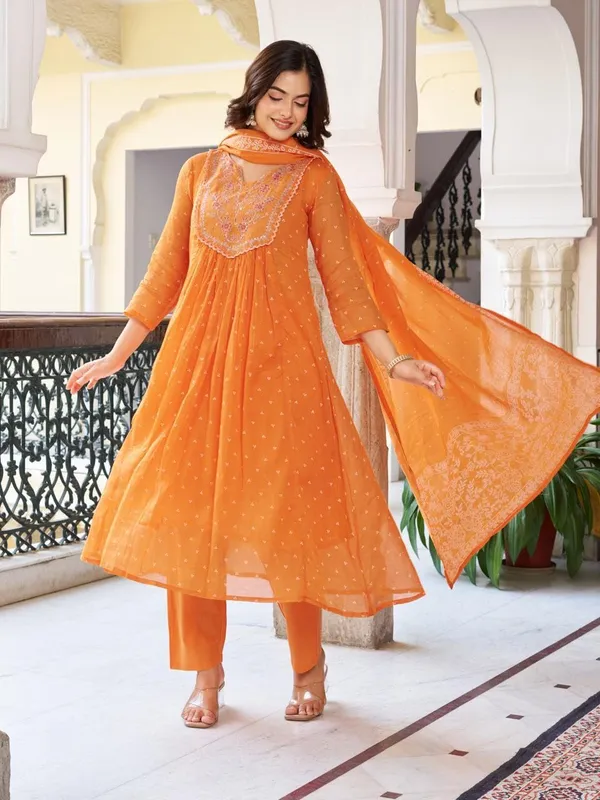 Orange_Cotton_Premium_&_Elegant_Split_Neck_A-Line_Knee_Length_Kurta_Set_With_Dupatta_For_Women