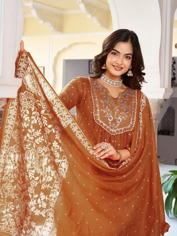 Mustard_Cotton_Premium_&_Elegant_Split_Neck_A-Line_Knee_Length_Kurta_Set_With_Dupatta_For_Women