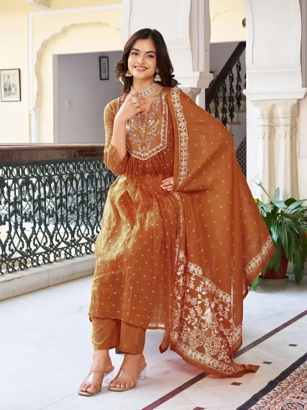 Mustard_Cotton_Premium_&_Elegant_Split_Neck_A-Line_Knee_Length_Kurta_Set_With_Dupatta_For_Women