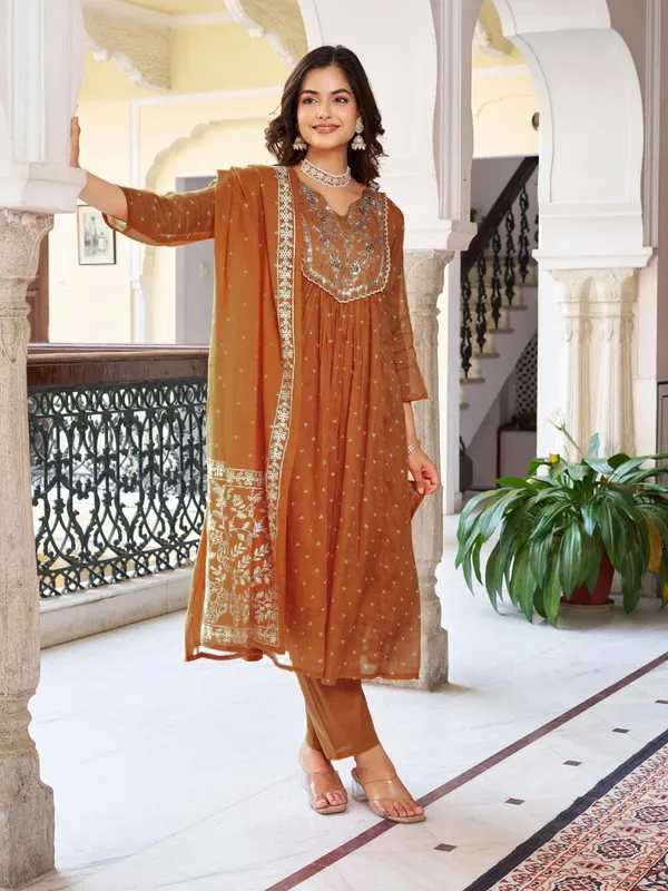 Mustard_Cotton_Premium_&_Elegant_Split_Neck_A-Line_Knee_Length_Kurta_Set_With_Dupatta_For_Women