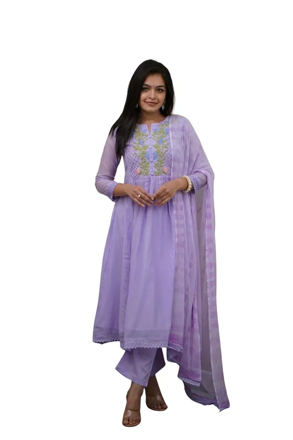 Lavender_Georgette_Premium_&_Elegant_A-Line_Knee_Length_Kurta_Set_With_Dupatta_For_Women