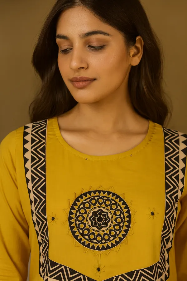 Creation_Cotton_Mustard_Embroidered_Kurti_Set_with_Black_Printed_Dupatta