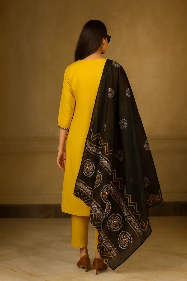 Creation_Cotton_Mustard_Embroidered_Kurti_Set_with_Black_Printed_Dupatta