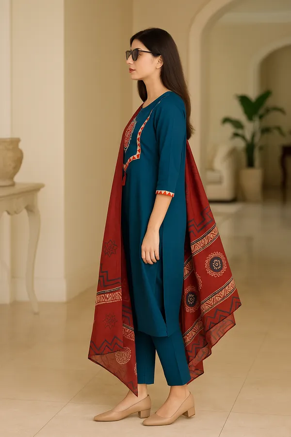 Creation_Cotton_Teal_Blue_Embroidered_Kurti_Set_with_Red_Printed_Dupatta
