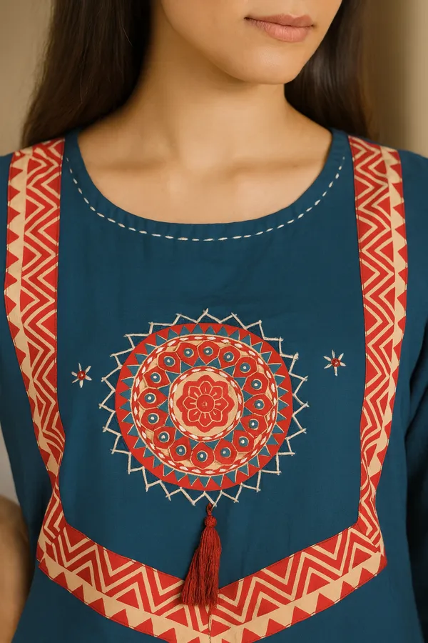 Creation_Cotton_Teal_Blue_Embroidered_Kurti_Set_with_Red_Printed_Dupatta