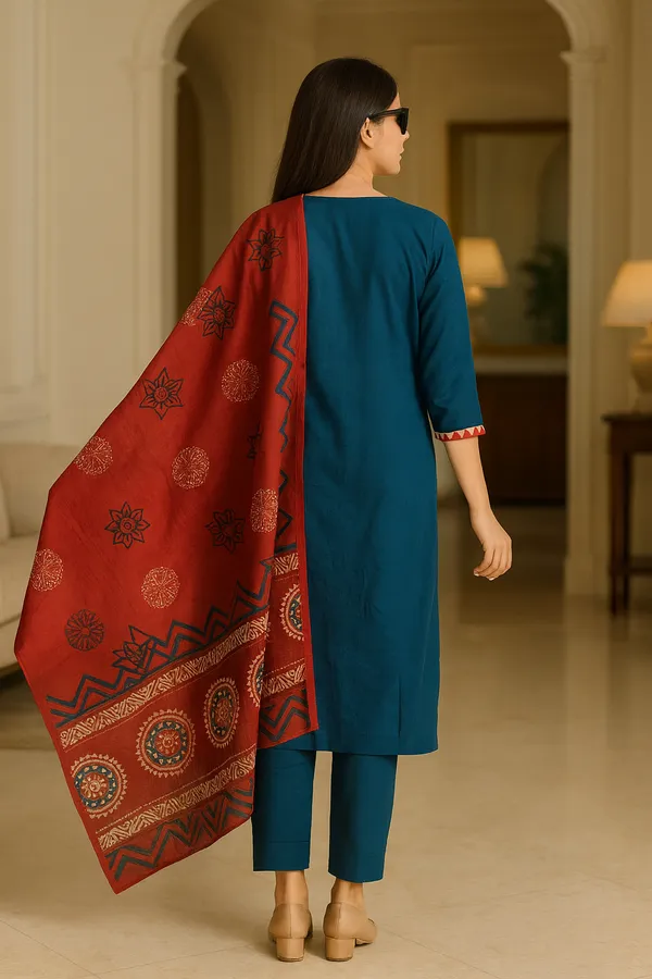 Creation_Cotton_Teal_Blue_Embroidered_Kurti_Set_with_Red_Printed_Dupatta